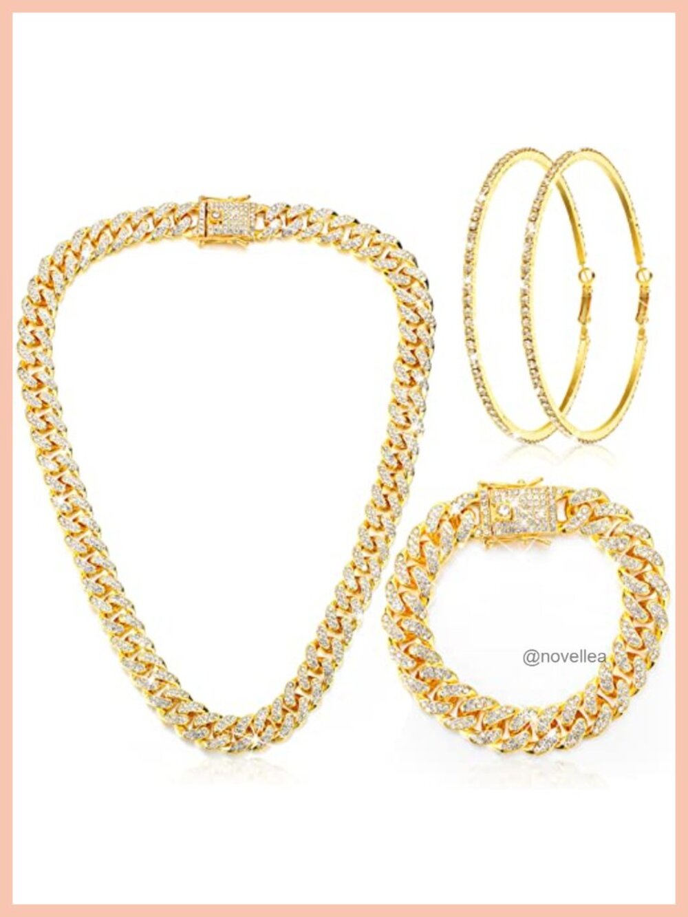 Crystal Hip Hop Jewelry Set Cuban Link Chain Necklace Bracelet Hoop Earrings